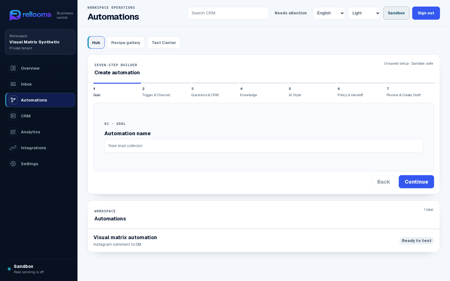Rellooma Automations product screen showing the seven-step builder in Sandbox.