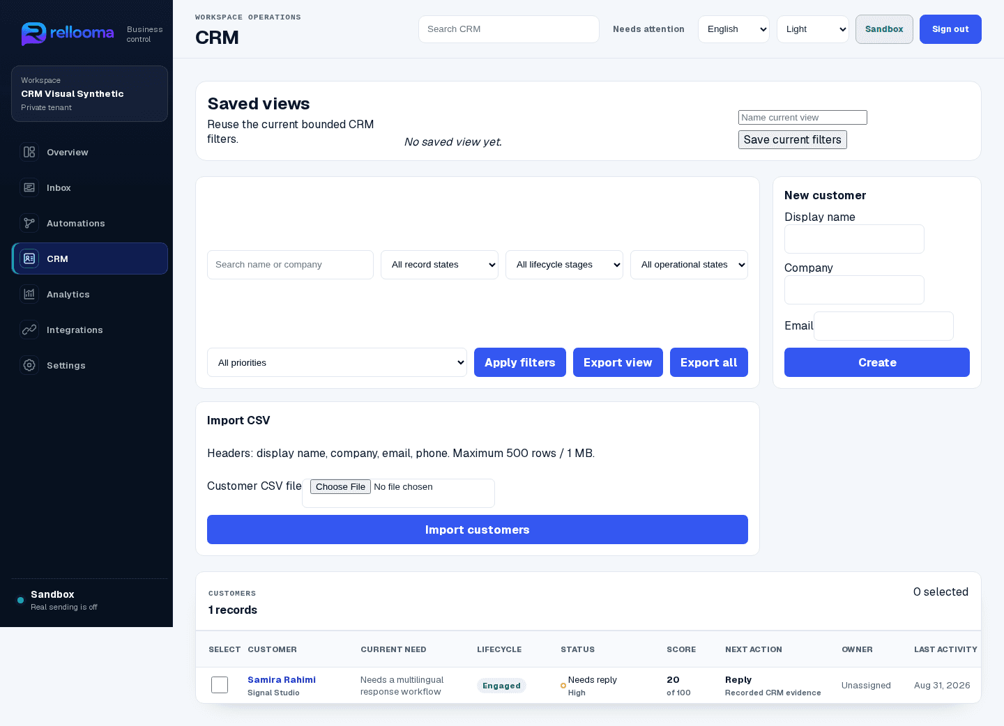 Rellooma CRM showing a synthetic customer's need, lifecycle, owner and next action in Sandbox.