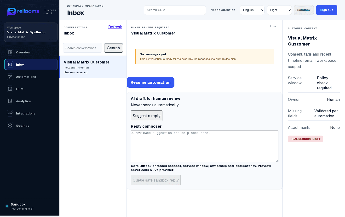 Rellooma Inbox product screen showing conversation, owner and customer-context areas in Sandbox.