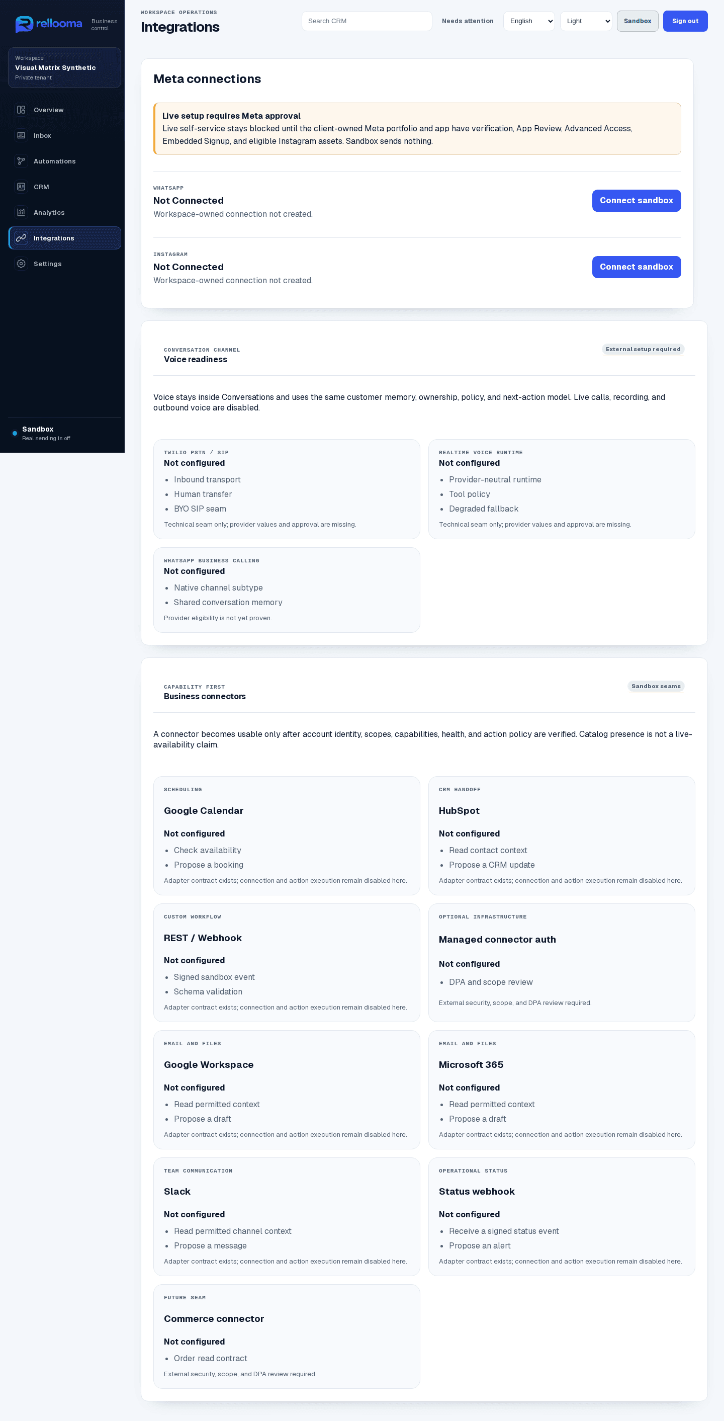 Rellooma Integrations product screen showing WhatsApp and Instagram Sandbox rows and a live setup warning.