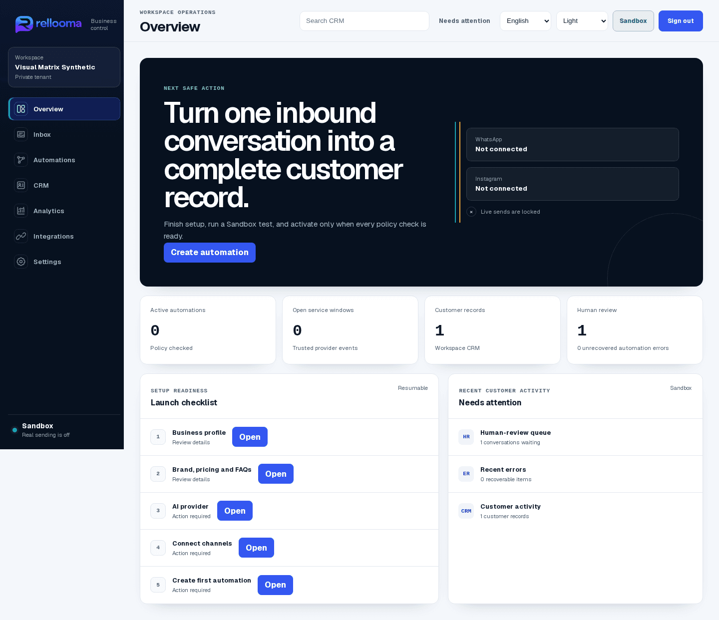 Product UI example · English Sandbox · no customer data · live sending off