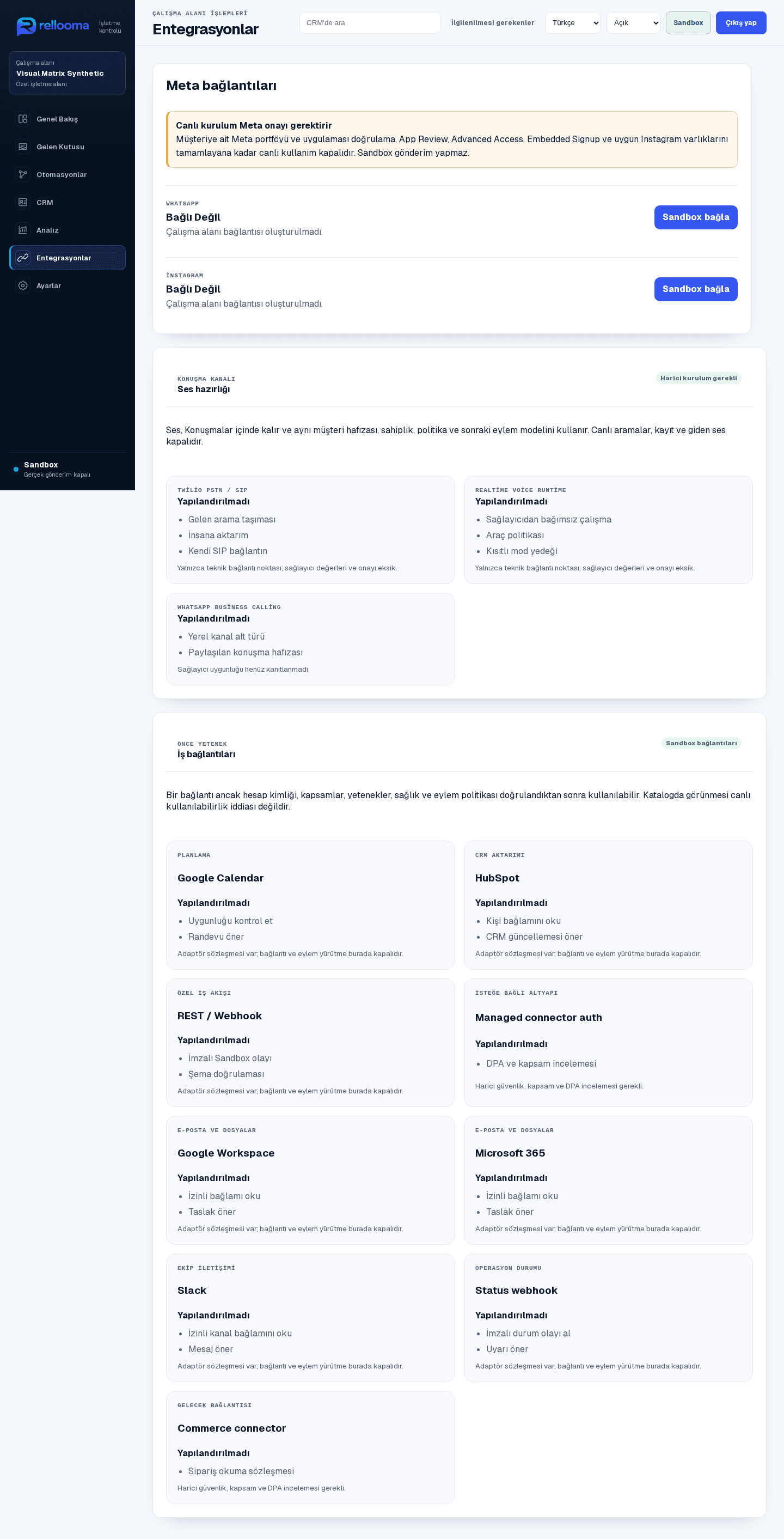 WhatsApp ve Instagram Sandbox satırlarını ve canlı kurulum uyarısını gösteren Rellooma Entegrasyonlar ürün ekranı.
