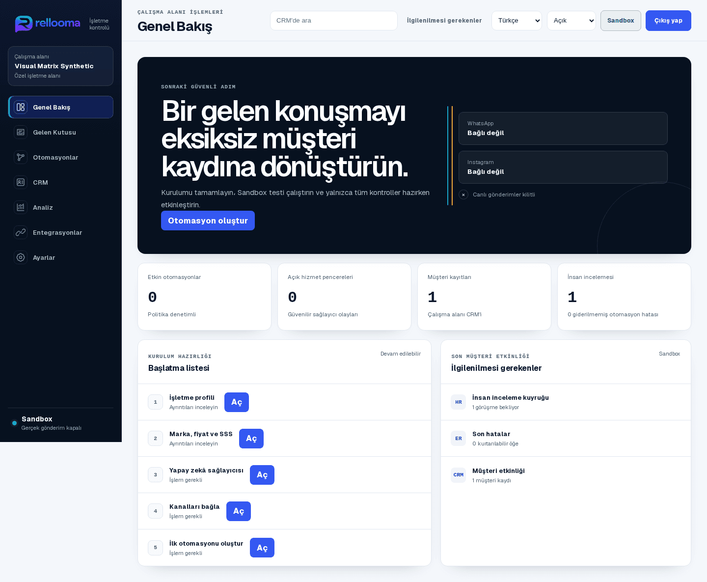 Ürün ekranı örneği · Türkçe Sandbox · müşteri verisi yok · canlı gönderim kapalı